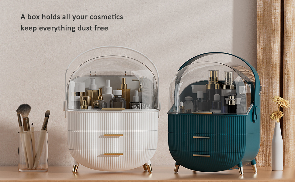 Two cosmetic storage boxes with clear lids, one white and one teal, containing makeup products. Boxes have textured exterior, handles, and legs.