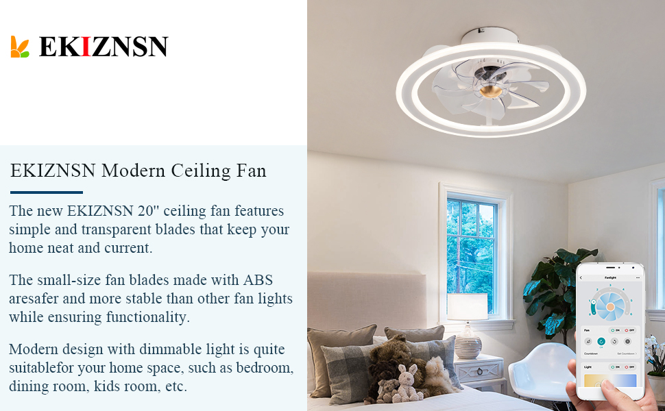 EKIZNSN 20'' Bladeless Modern Indoor Flush Mount Ceiling Fan with Lights and Remote