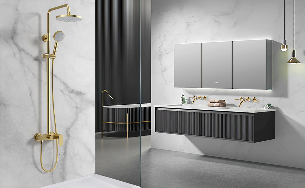 Set Rubinetto Doccia Oro Spazzolato, Soffione Doccia A Pioggia In ABS Da 8 Pollici Con Doccetta, Rubinetto Doccia A Pioggia Di Lusso, Miscelatore Bagno, Sistema Doccia 10 Set doccia