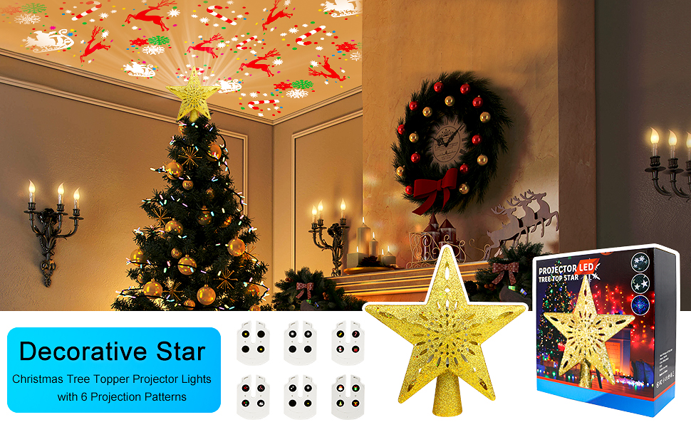 Christmas Tree Topper Projector Light with 6 Patterns, Gold