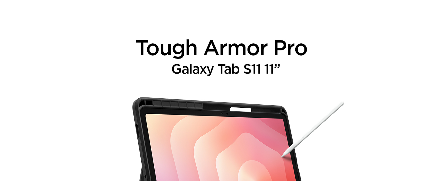 Der Text lautet "Tough Armor Pro". Weitere Ansichten des Produkts mit Tablet-Hülle, die verschiedene Seiten und Funktionen zeigen.