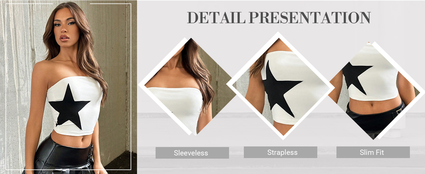 Women's Sleeveless Strapless Bandeau Star Print Color Block Cropped Tube Tops