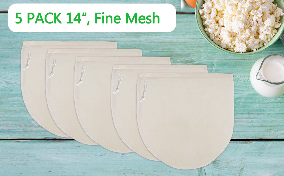 5 Pack Nut Milk Bag 14"x14", Cheesecloth bags for Straining