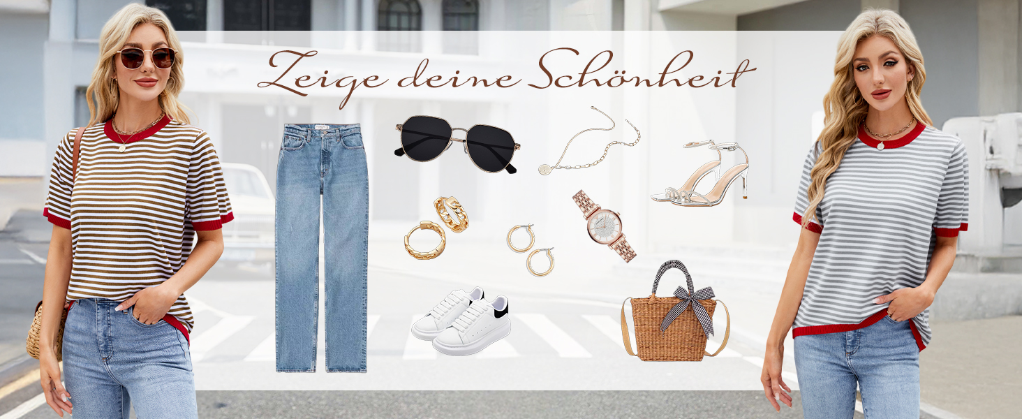 PASUDA Kurzarm T-Shirt Damen Sommer Casual Rundhals Strickpullover Bequem Lose Gestreiftes Top 8fbbe6b9 0ec7 46e8 9523 Fbbac019bdc0. CR0,0,1464,600 PT0 SX1464 V1