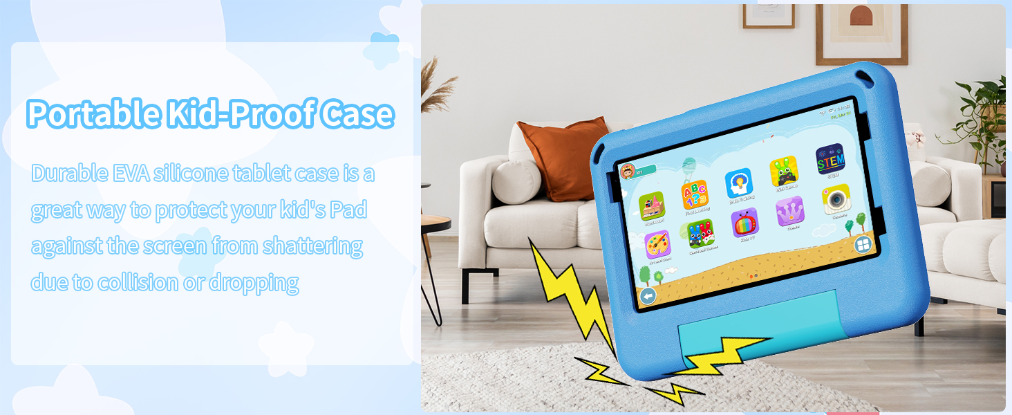 Series of interface screenshots showing colorful app or website layouts with cartoon-style illustrations and emoji-like icons against light blue backgrounds.