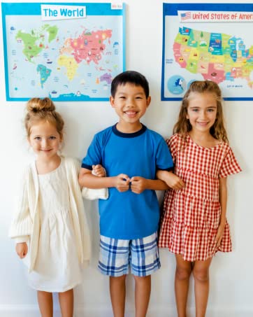 three children standing with merka World and United States of America maps in the background