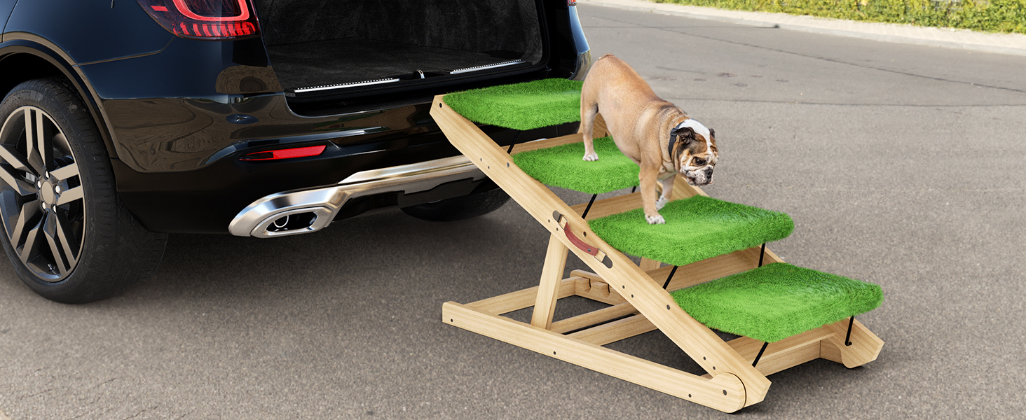 NTR Dog Ramp, Wooden Dog Stairs with Non Slip Turf Mat & 2