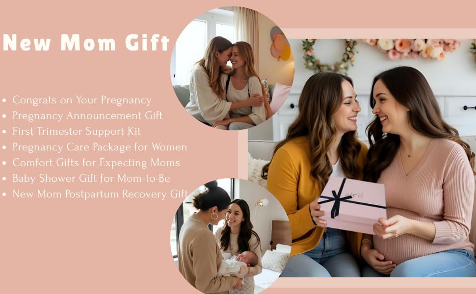 Woman gifting pregnancy care package to her friend at baby shower celebration