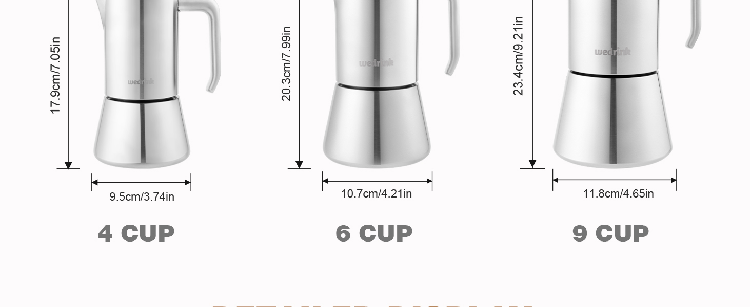 wedrink 100% Stainless Steel Moka Pot for Induction | 4 Cups Dishwasher Safe Coffee Maker | Sliver Espresso maker (4 cupx50ml) 18 bialet