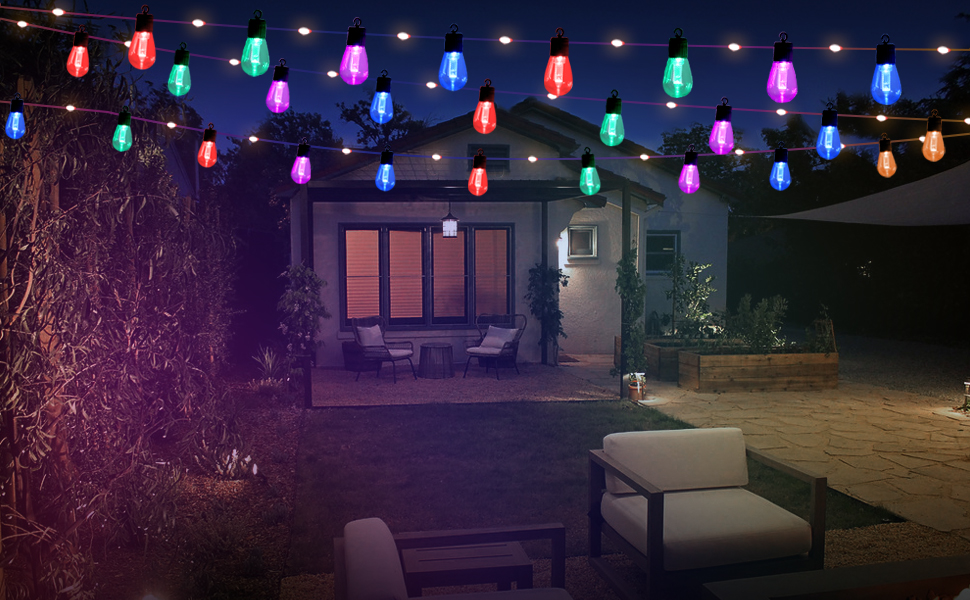 Smart Outdoor String Lights with Remote, 50FT RGB Color Changing Patio