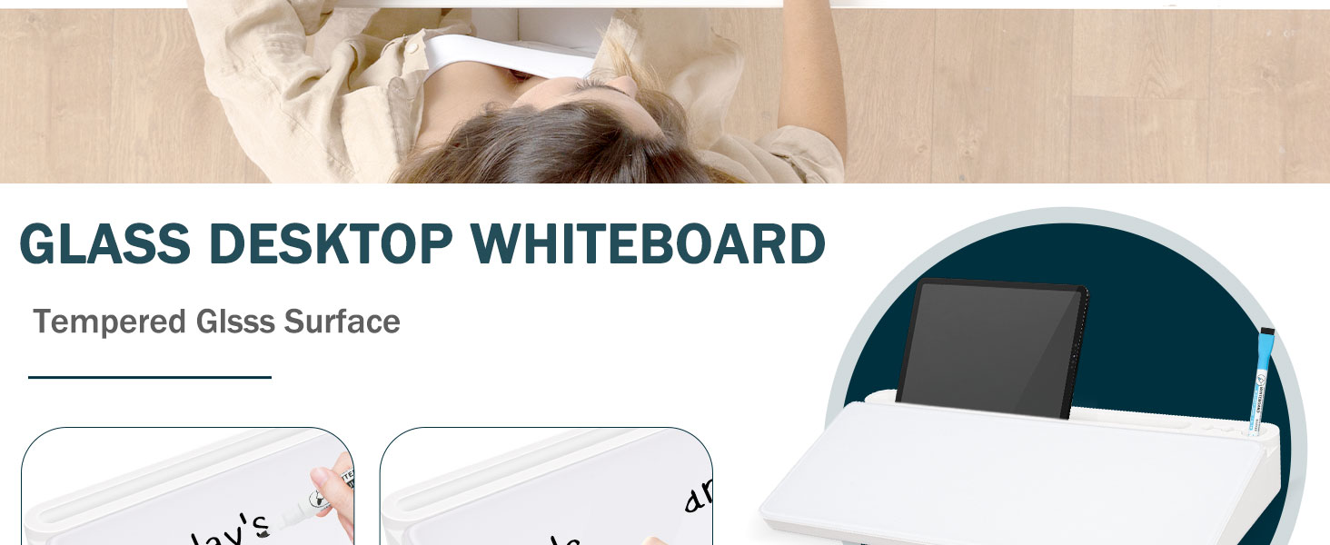 QUEENLINK Glass Desktop Whiteboard with Storage, Small Dry Erase Board with Drawers Desk Whiteboard with Stand Computer Keyboard Stand Organizer for Office Desk Accessories(White) 12 1