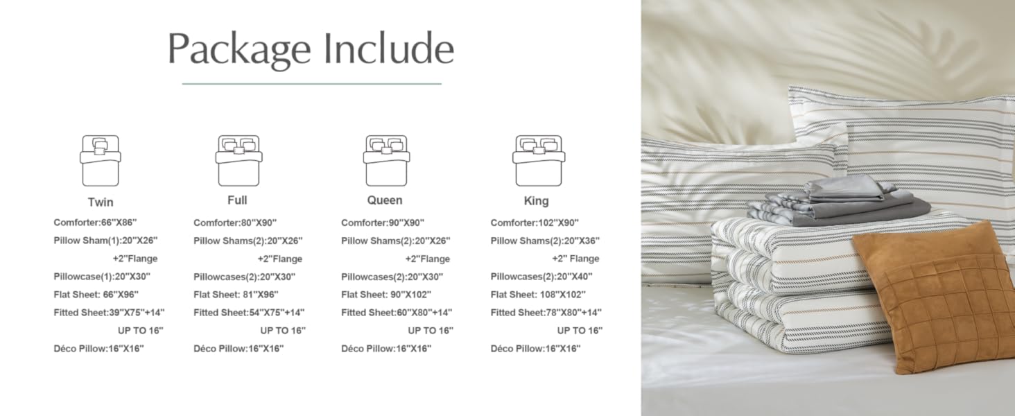 MaiRêve White Queen Bed in A Bag, Soft Yellow Grey Stripe