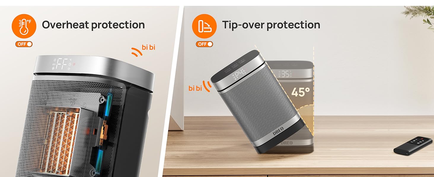Space heater with overheat and tip-over protection features. Two views show upright and tilted positions, with 45-degree tilt angle indicated.