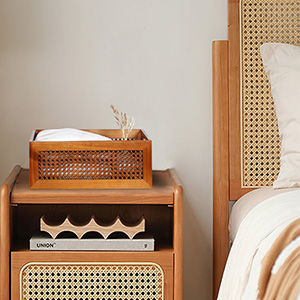 Rattan Storage Basket Wooden Drawer Storage Box Bamboo Woven Bins