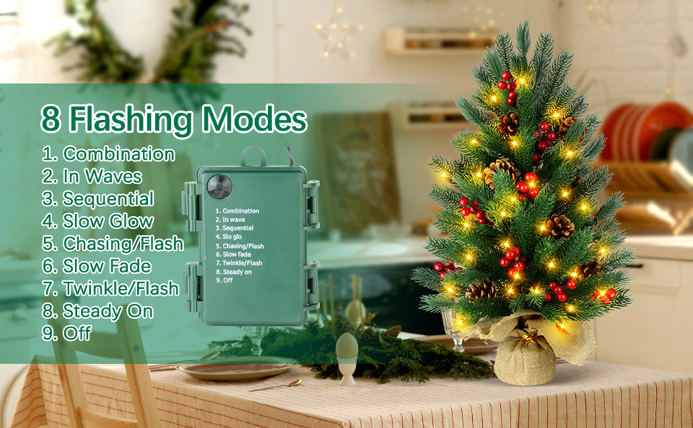 24 Inch Prelit Christmas Pine Tree, 2FT Small Table Top