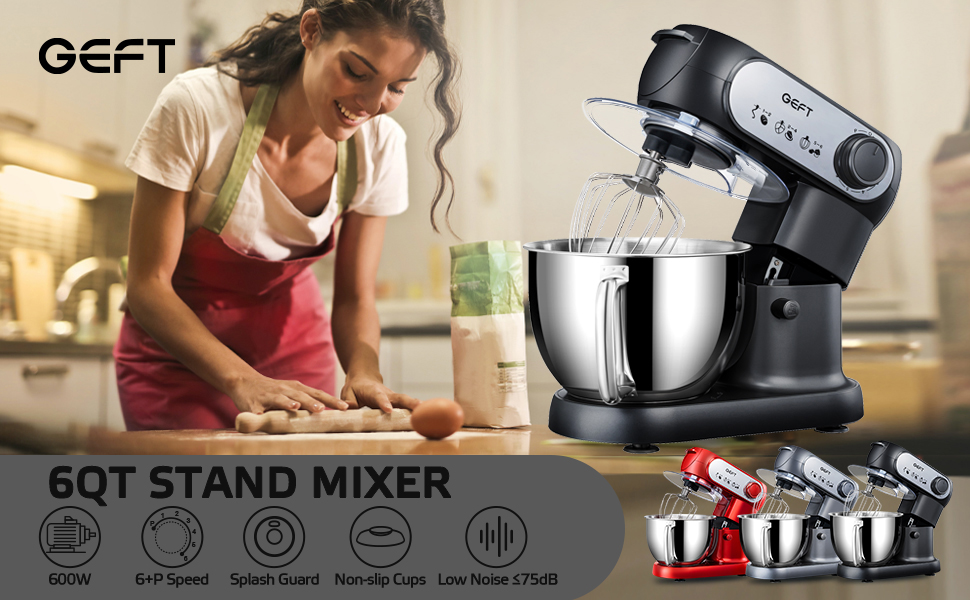 GEFT Stand Mixer, 6 QT 600W TiltHead Dough Mixer, 6+P speed Mixers