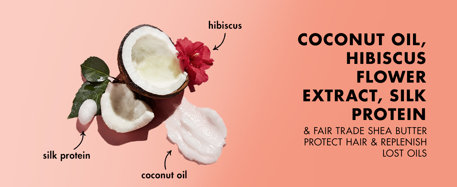 Coconut oil, hibiscus flower extract and silk protein protect hair while replenishing lost oils