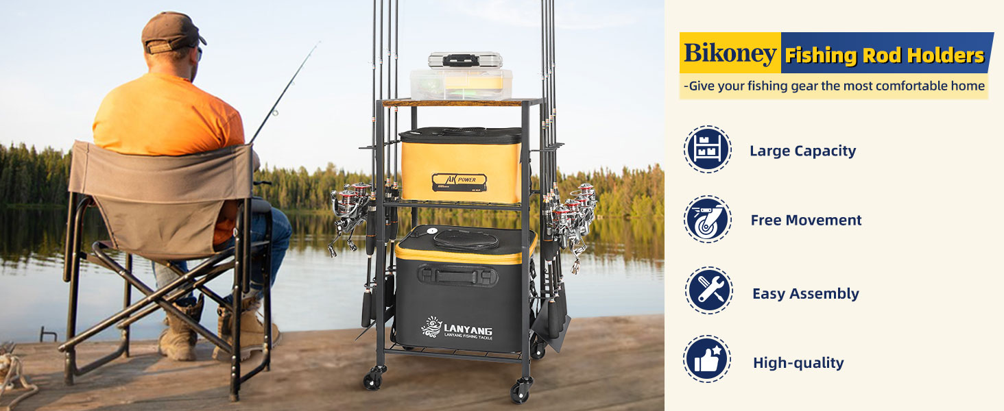 Fishing tackle station with wheels. Features include large capacity, easy assembly, and high quality. Person fishing in background.