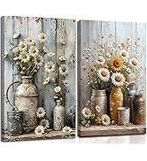 2Pcs Farmhouse Daisy Canvas Wall Art Rustic Wood Grain Flowers Posters Prints Still Life Botanica...
