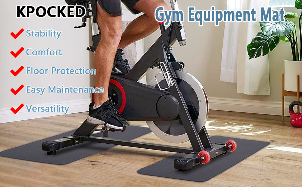 Man using KPOCKED mat for spin bike showing stability, comfort, and floor protection features