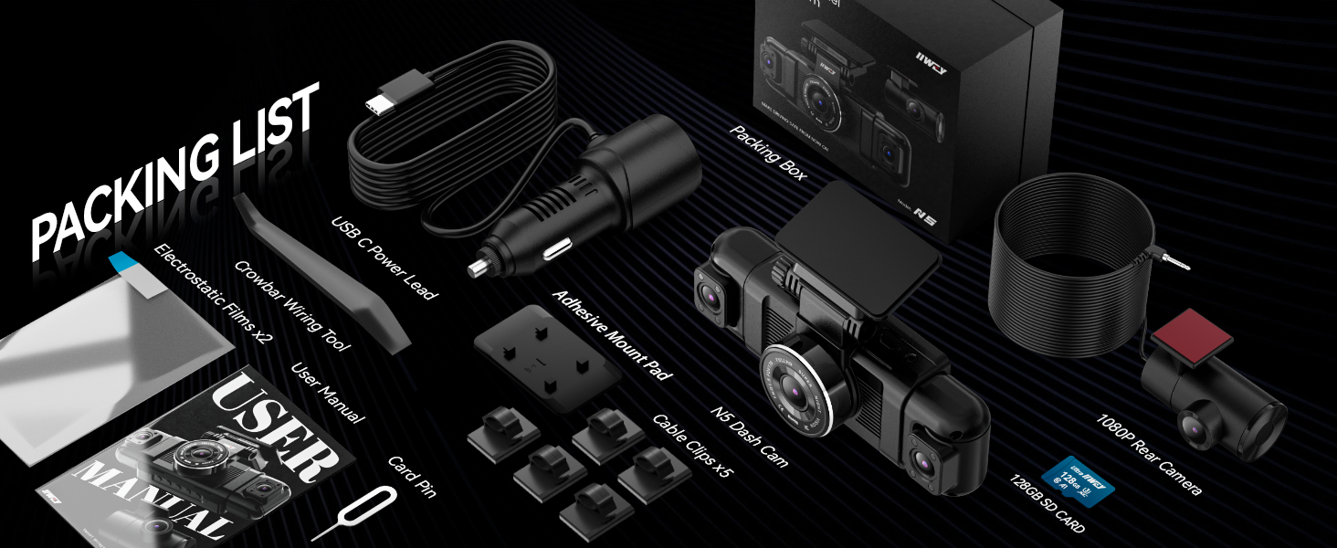 Action camera kit displayed on black background. Includes camera, mounts, straps, memory card, and accessories. Components arranged to showcase complete package contents.