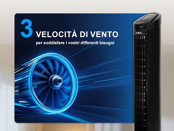 Ventilatore A Torre OZAVO 84cm Con Telecomando - 3 Velocità, Timer 7.5h, Modalità Notte