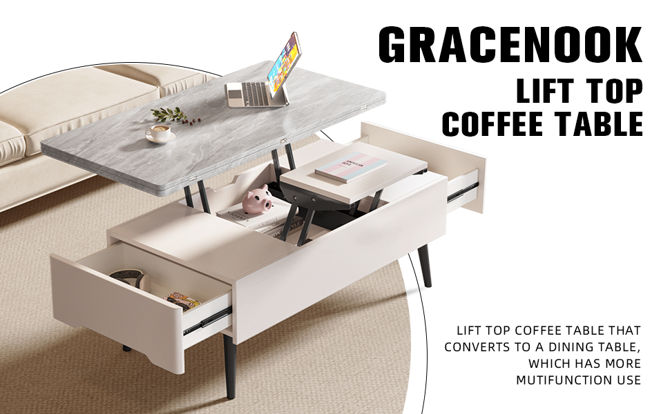GraceNook Lift Top Coffee Table, White Coffee Table Converts to Dining