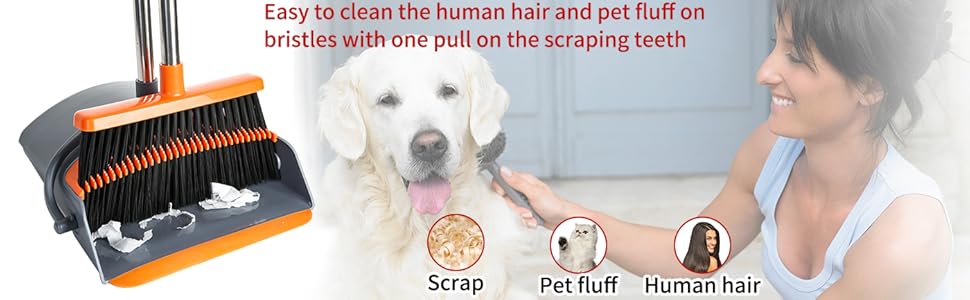 Scraper and comb on dust pan can easily scrape off the hair tangled on the broom bristle