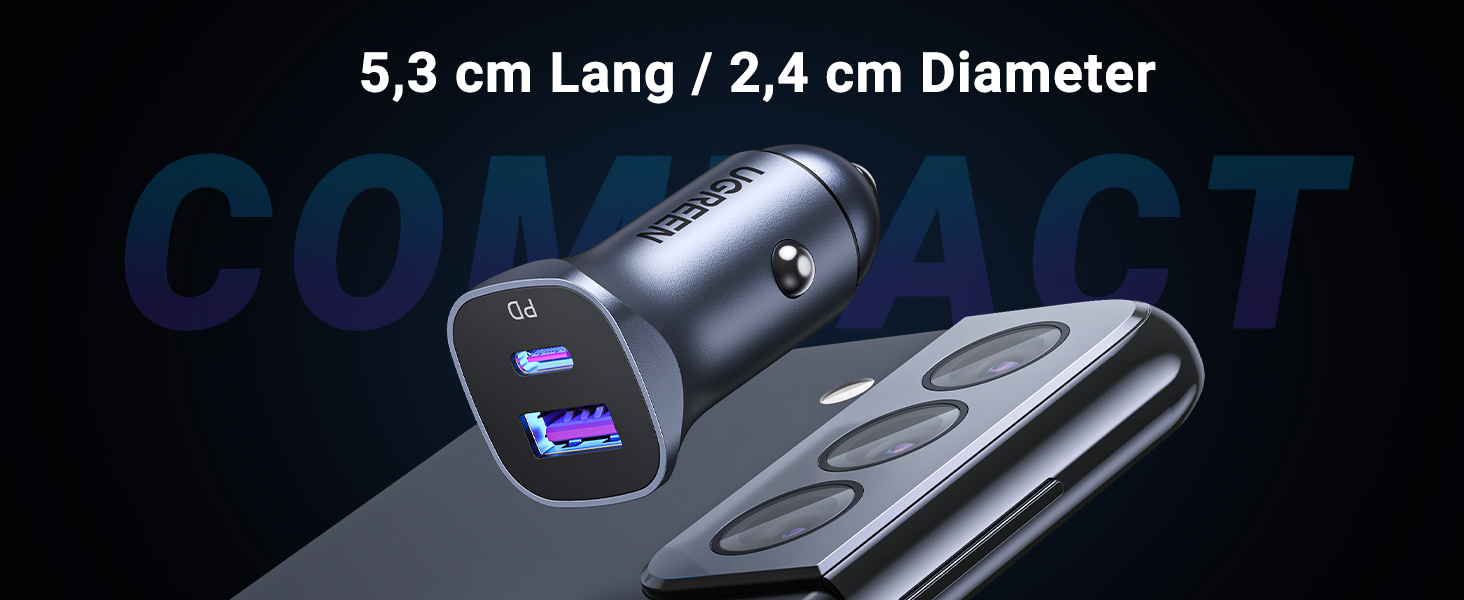 UGREEN 30W Autolader met 1M USB C Kabel Dual Port Card Charger Ondersteunt 20W