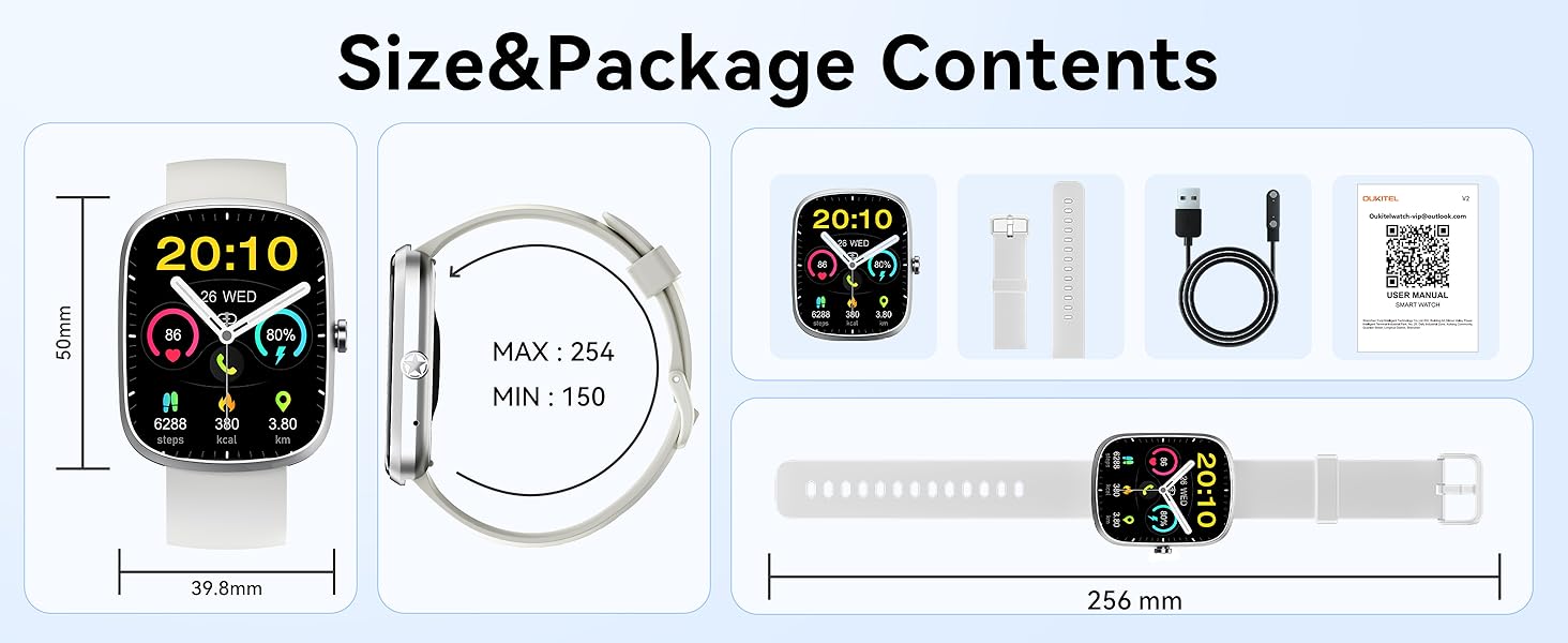 Smartwatch package contents: rectangular watch with colorful display, white strap, charging cable, and additional accessories. Watch dimensions shown as 41mm height and 34.8mm width.