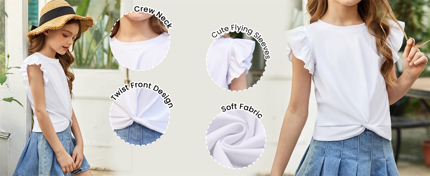 Tshirt for Girls Summer Flying Sleeves Round Neck Short Sleeve Tops Kids