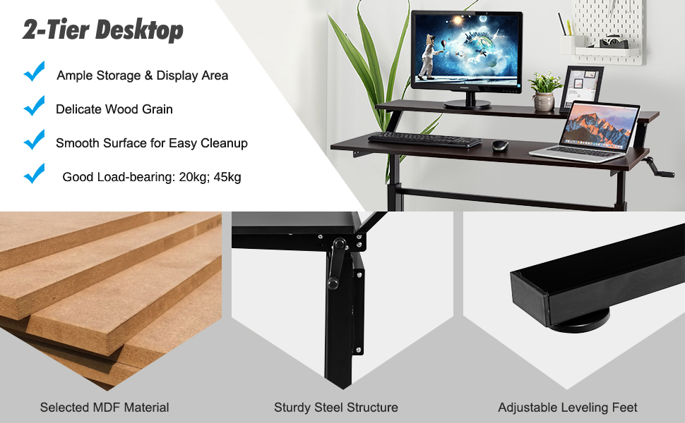 COSTWAY 2Tier Height Adjustable Standing Desk, Ergonomic Sit Stand