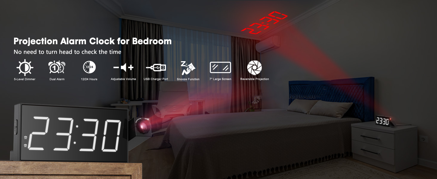 ROCAM Projector Clock Bedroom on Ceiling, Projection Alarm Clock with