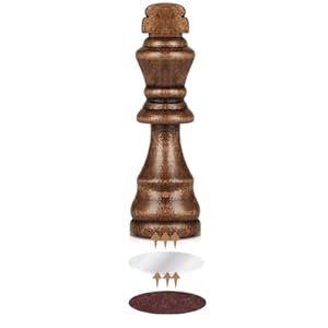 Wooden chess piece, specifically a king, shown floating above its shadow against white background. Detailed wood grain texture visible.
