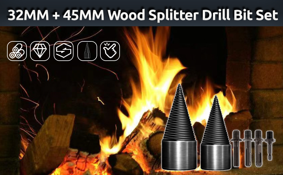 Firewood Log Splitter, 6pcs Firewood Drill Bit Wood Splitting 45mm+32mm, Detachable