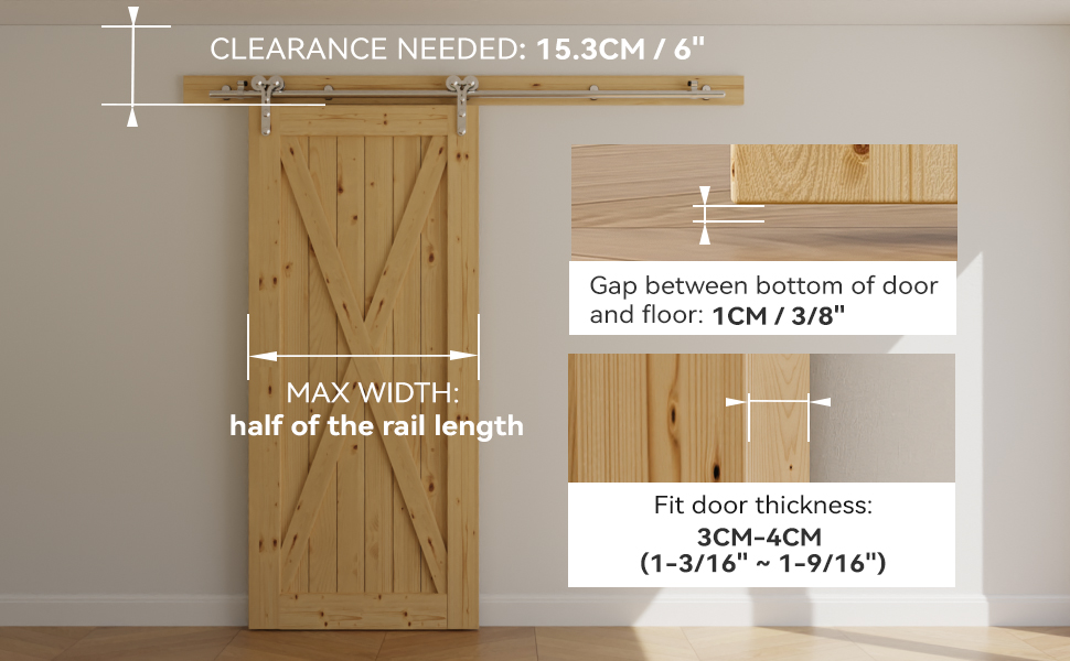 Schéma technique montrant les composants du mécanisme coulissant pour l'installation de la quincaillerie des portes de grange. Comprend des rouleaux métalliques, un système de chenilles et des supports de montage aux dimensions détaillées.