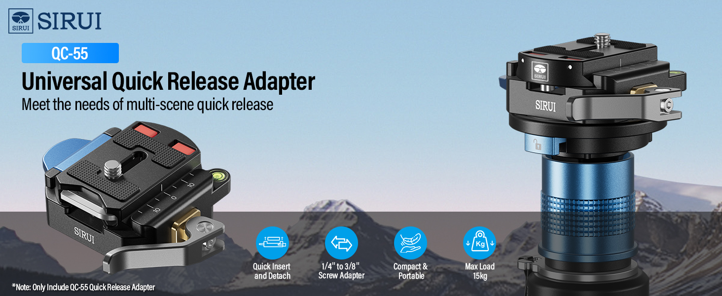 SIRUI Universal-Schnellverschluss-Kameraadapter, abgebildet in Schwarz und Blau, mit mehreren Montagepositionen und Schnellverschlussfunktion