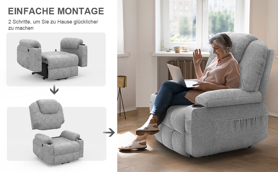 Grauer Liegesessel mit Montageanleitung. Das geteilte Bild zeigt Stuhlteile und einen vollständig zusammengebauten Stuhl mit sitzender Person, die einen Laptop benutzt