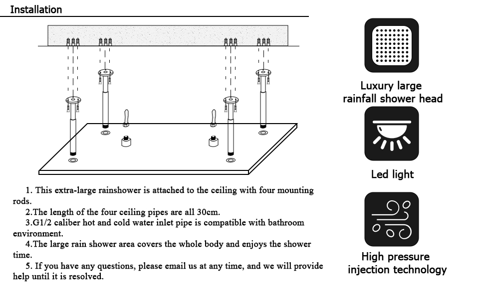SUGUWORD LED 24 Inch Rainfall Shower Head Square Temperature Sensor 3 Colors Changing Polished Chrome Solid Brass Ceiling Mounted Bathroom High Pressure Luxury Rainfall Shower Head Full Body Coverage 12 2