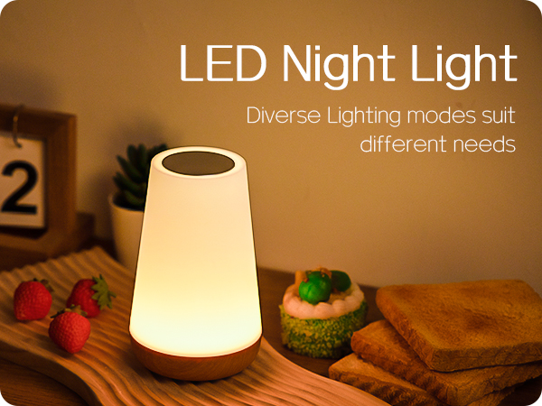 LED night light with conical white shade on wooden surface. Text indicates diverse lighting modes for different needs.