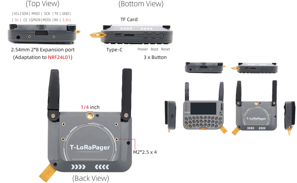 Diagram showing top, bottom, back, and side views of the LILYGO T-Lora Pager with port labels.
