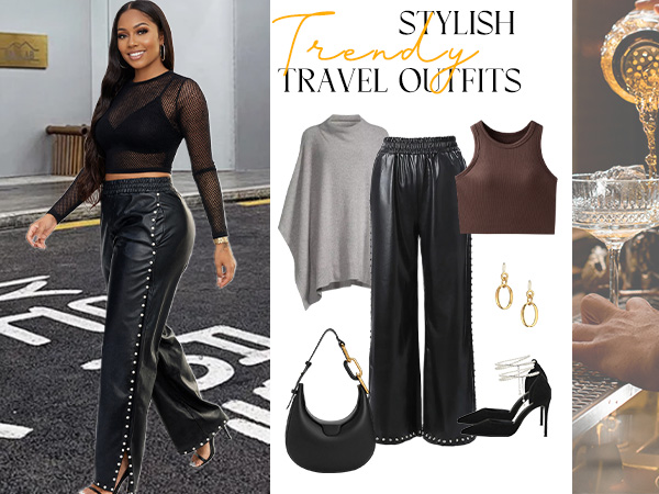 LifeShe Women's Wide Leg Faux Leather Pants Rivets Pearls Elastic