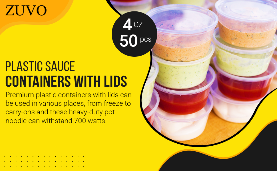 Zuvo Plastic Sauce Containers with Lids 04 OZ (50 Pack) Perfect