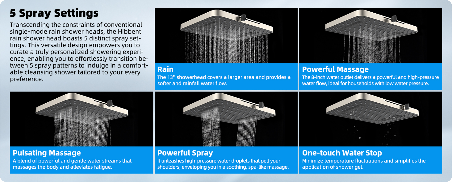 Hibbent 5spray 13'' Dual Filtered Rainfall Shower Head Combo, High