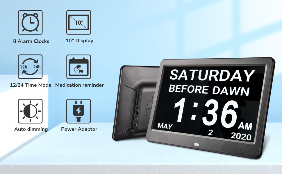 10" Digital Day Clock with Large Display 8 Alarm Dementia Calendar Clock for