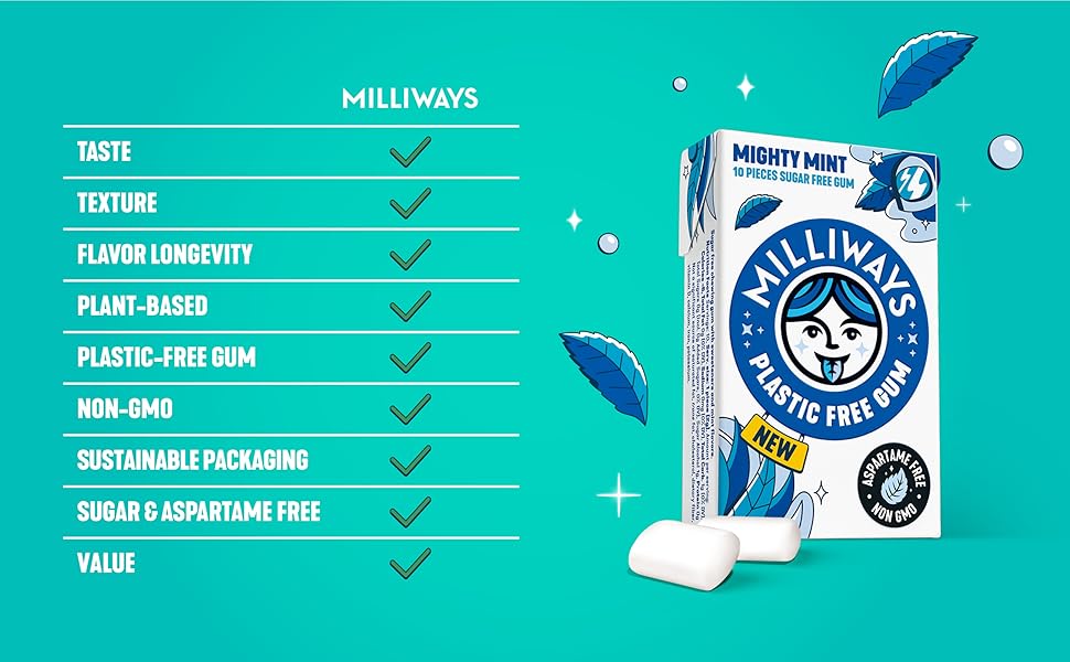 milliways natural gum plant based chewing gum aspartame free plastic free