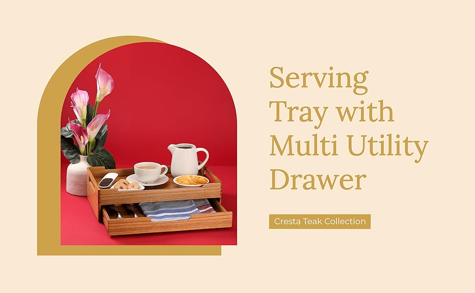 Utopia Choice Wooden Serving Tray with Drawer Storage MultiUtility