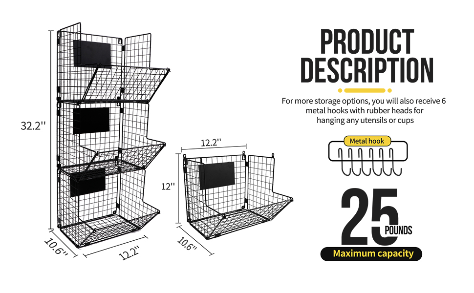 Granrosi Wall Hanging Fruit Baskets for Kitchen Set of 3 Large Wall
