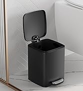 Matte black pedal waste bin with soft-close lid, featuring a modern square design and foot pedal operation, suitable for bathroom placement.
