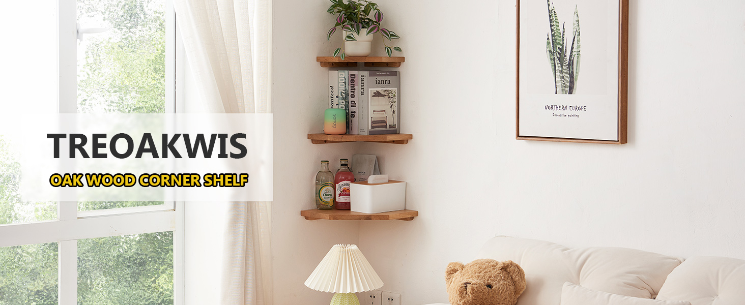 TREOAKWIS Floating Corner Shelves, Solid Oak Wood Corner Shelf for Wall